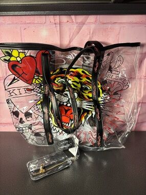 Ed Hardy Clear Tote with Multicolor Tiger and Black Trim